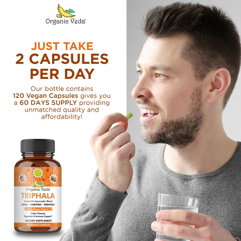 Organic Veda Triphala Capsules with Natural Amla, Haritaki, Bibhitaki Fruits - Herbal Triphala Powder Dietary Supplement for Colon Cleanse, Digestive, Immune Support - Vegan, Gluten Free - 120 Count - BeesActive Australia
