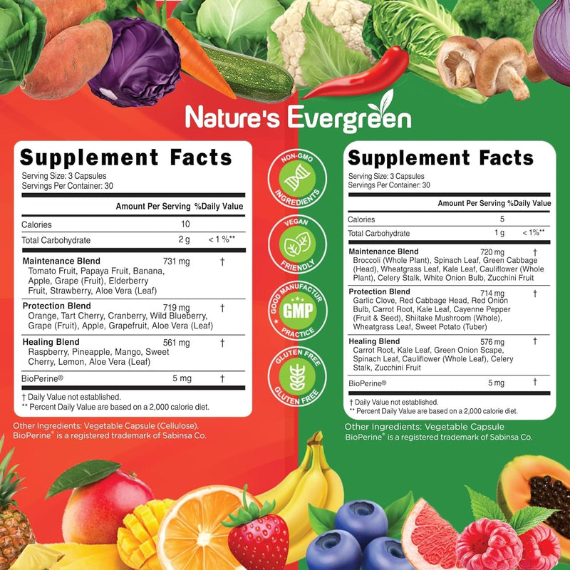 Fruits and Veggies Supplement - Nature Fruits and Vegetables Supplements - Vegan, Non GMO, Soy Free, Superfood Vitamins & Minerals Nutritional Balance - (Total 180 Capsules - Pack of 2) Made in USA 90 Count (Pack of 2)