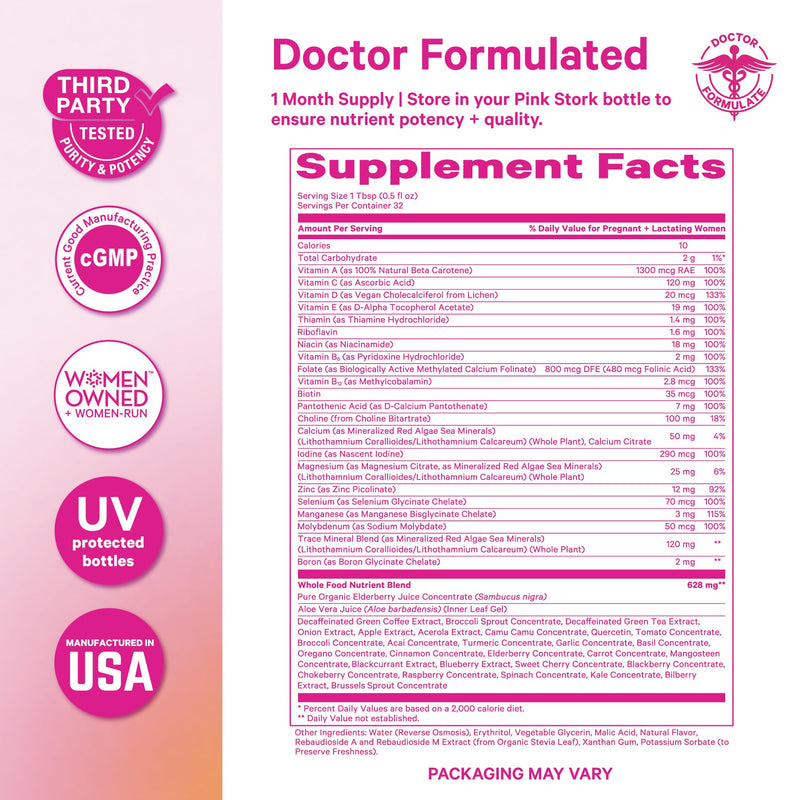 Pink Stork Liquid Prenatal Vitamins for Women – Berry, 32 Servings | Doctor Formulated, Organic Whole-Food Blend, Methylated Folate, Sugar-Free, Fertility to Postpartum, Breastfeeding Friendly 16 Fl Oz (Pack of 1)