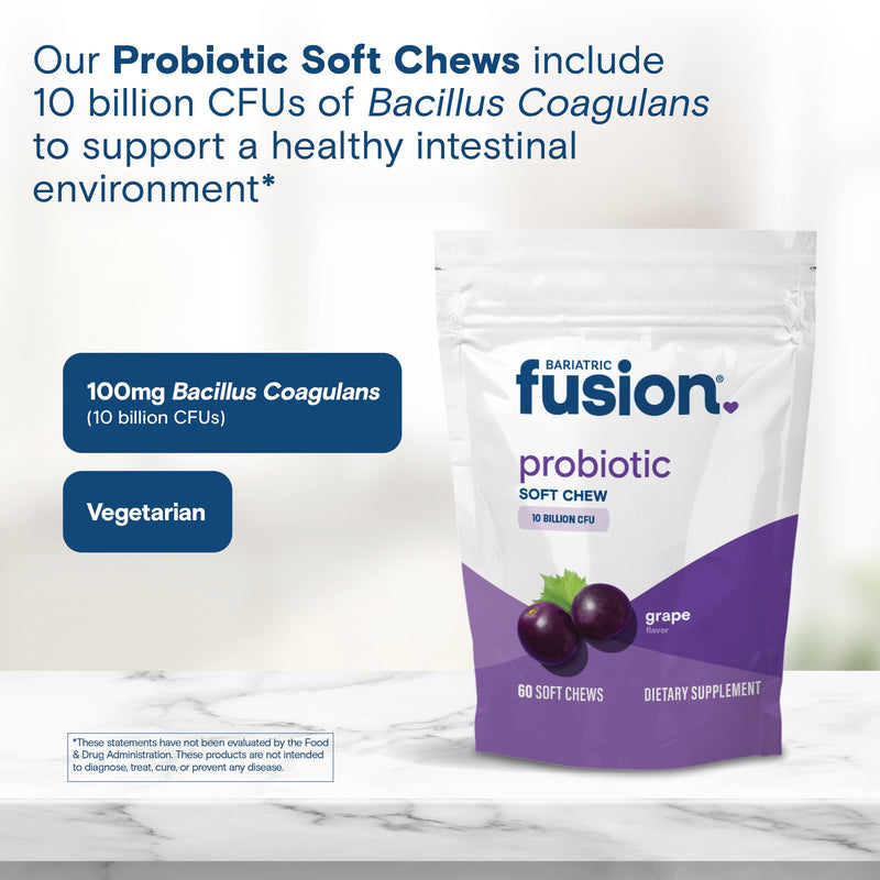 Bariatric Fusion Probiotic Soft Chews | Grape Flavor Chewy Bariatric Vitamin | 10 Billion CFU | Bacillus Coagulans | Support Digestive & Immune Health | 60 Count