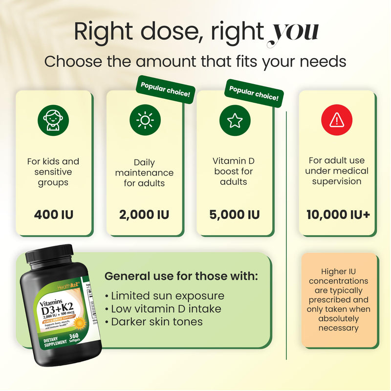 HealthA2Z® Vitamin D3 (2,000 IU) + K2 (100mcg) - 360 Softgels (Pack of 1) | Helps Calcium Absorption, Supports Bones & Teeth, Mood & Immune Health*