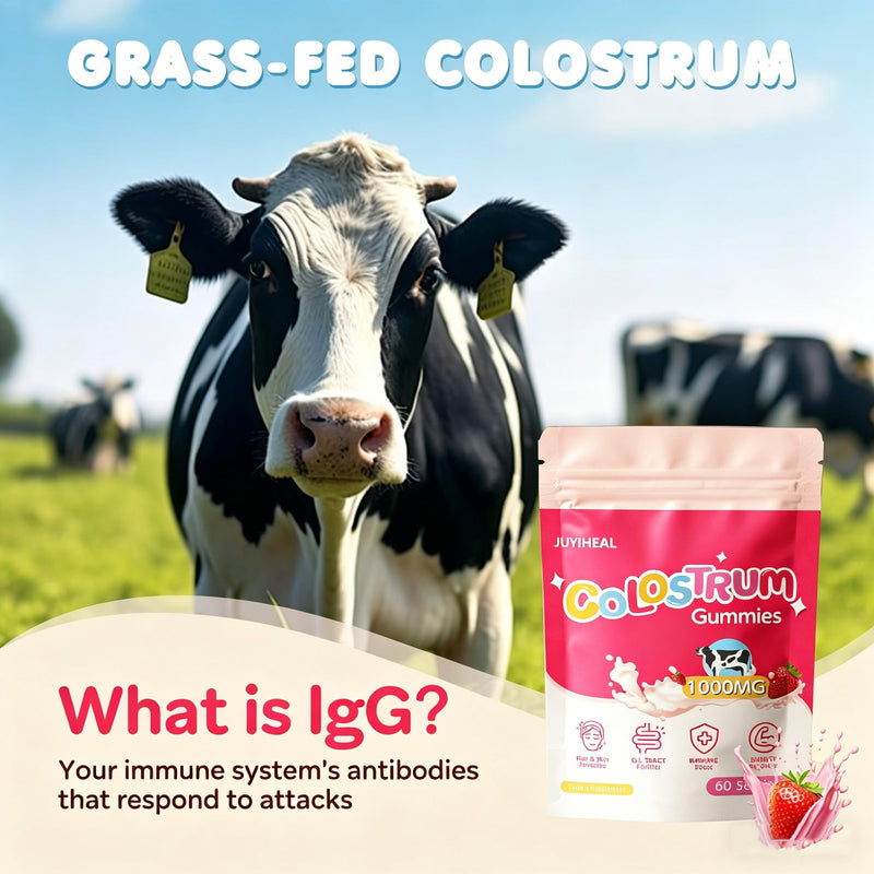 Core Bovine Colostrum Gummies, 1g Per Serving Grass Fed Colostrum Chews Colostrum Supplement for Gut Health, Hair Growth, Beauty, and Immune Support, Strawberry Flavor 60 Servings