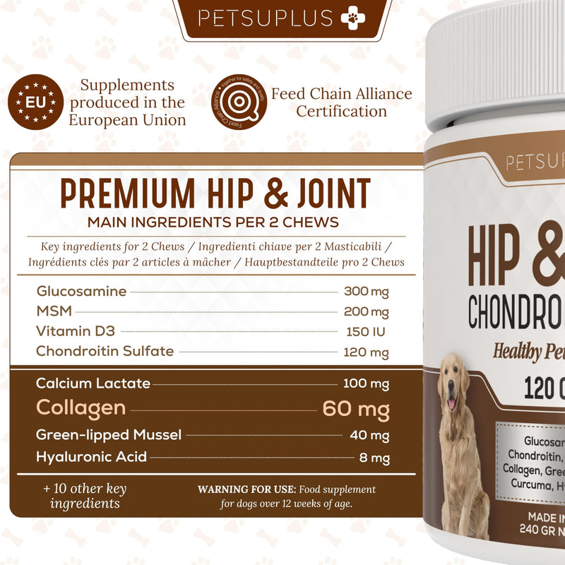 Hip & Joint Care. Collagen for Dogs. Dog Joint Supplements with Green Lipped Mussel, Glucosamine, Chondroitin, Hyaluronic Acid, Calcium & more. 120 Chews