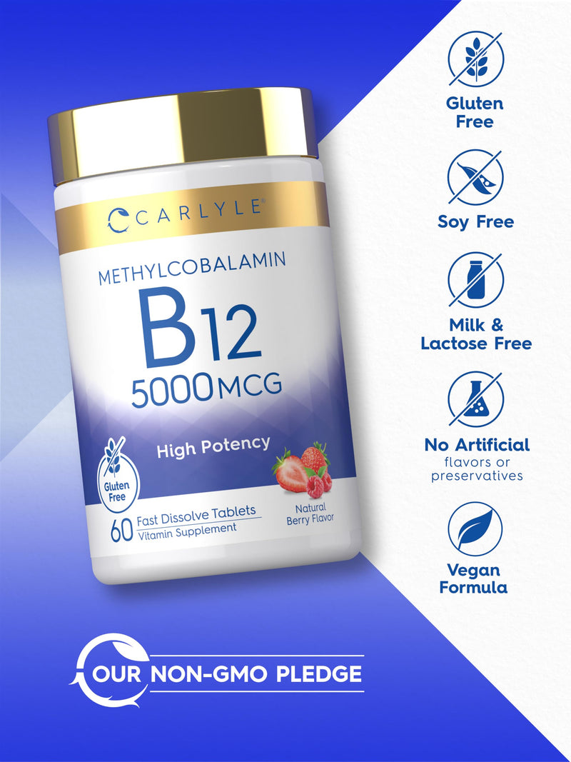 Carlyle Methylcobalamin Vitamin B12 5000mcg | 60 Fast Dissolve Tablets | For Adults | Vegan, Non-GMO & Gluten Free Supplement
