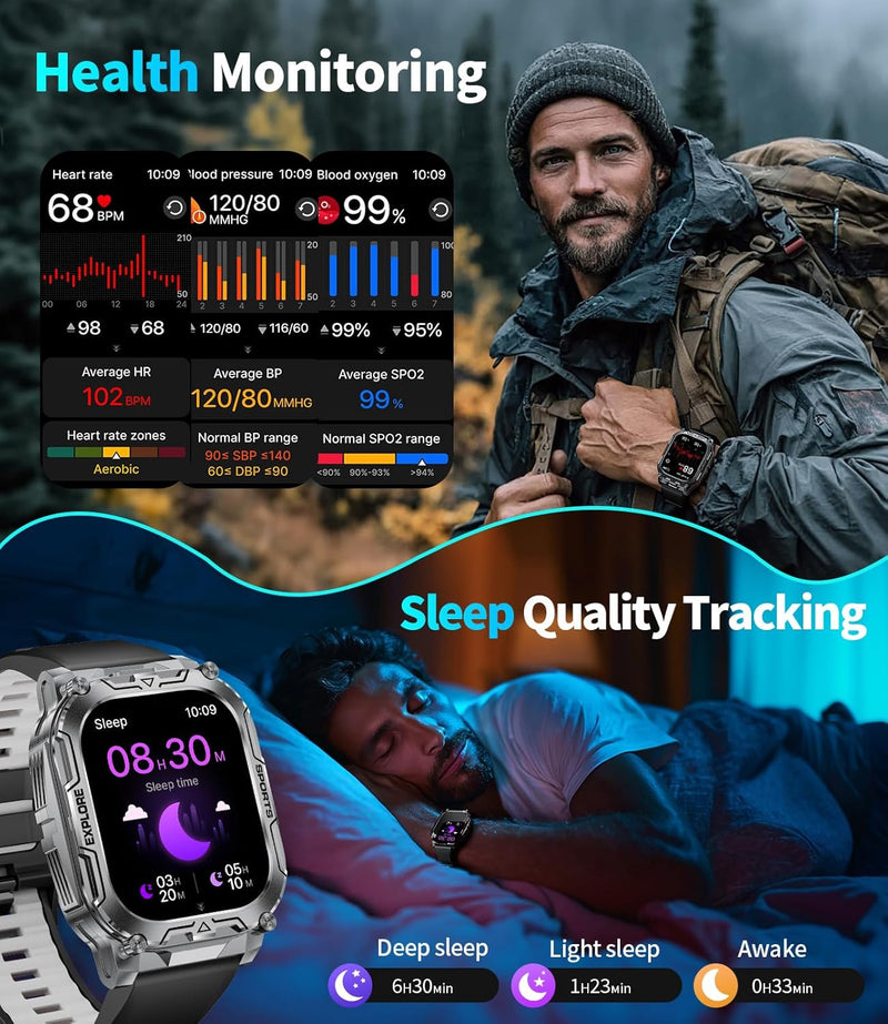 TX12 Smart Watch for Men, 1000 mAh Battery/LED Flashligh Military Smart Watches, 2.01'' HD Fitness Tracker, 100+ Sports Mode/Pedometer/IP68 Waterproof Smartwatch for Android iOS Phones