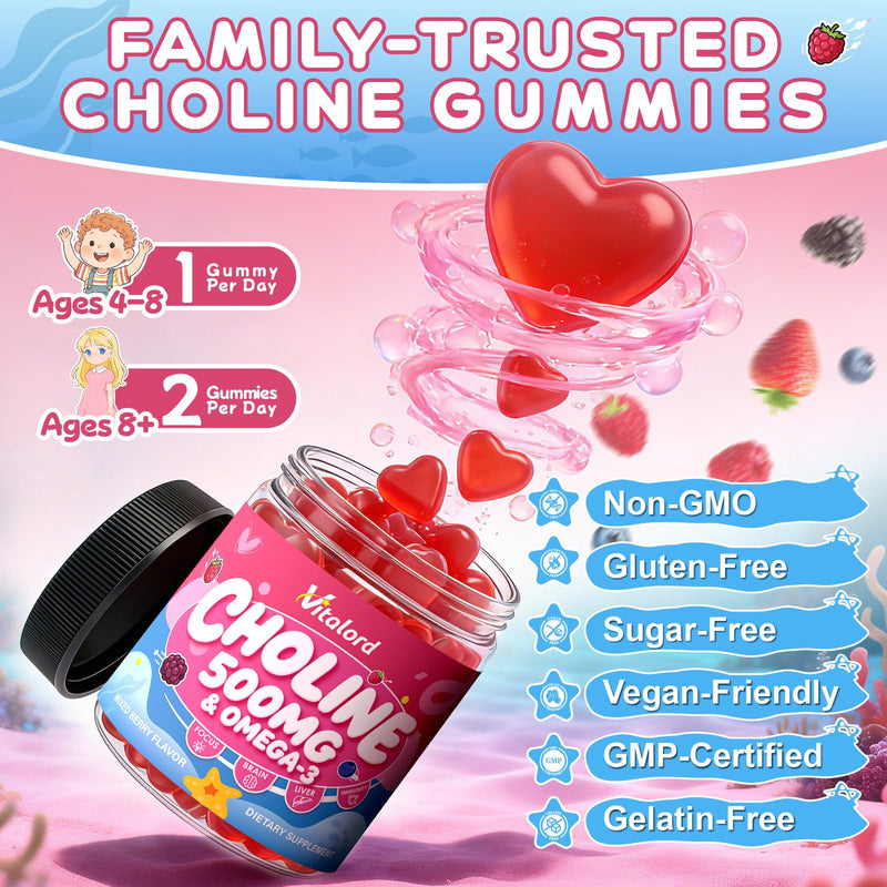 CDP Choline with Omega 3 Gummies 500mg for Kids & Women, 60 Count | Chewable Citicoline Supplement with Vitamins, Prenatal, Brain Health, Liver Support, Focus & Energy, Mixed Berry Flavor