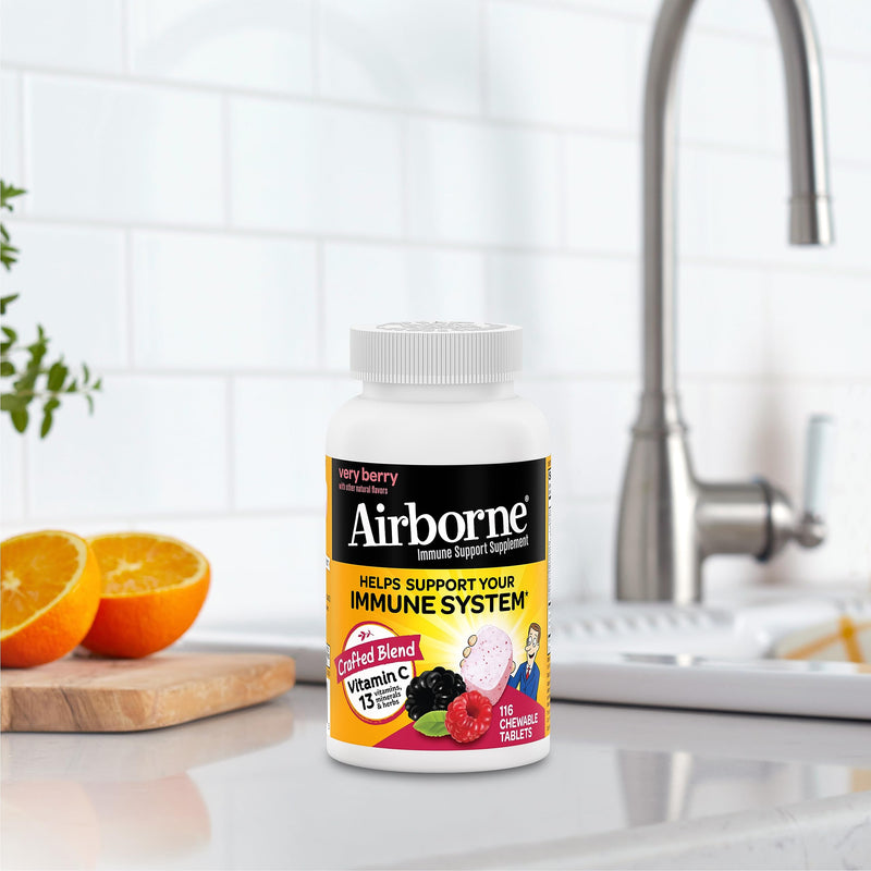 Airborne 1000mg Vitamin C with Zinc, Immune Support Supplement with Powerful Antioxidants Vitamins A C & E - 116 Chewable Tablets, Very Berry Flavor 116 Count - BeesActive Australia