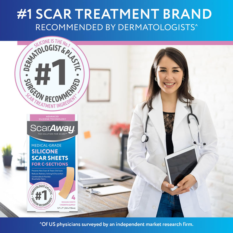 ScarAway Advanced Silicone Scar Sheets for C-Section, Reusable Strips (1.5” x 7”) for Hypertrophic and Keloid Scars from C-Section & Other Surgeries, 4 Sheets - BeesActive Australia