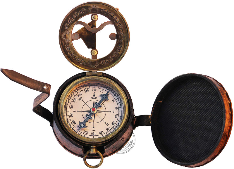 MAI Brass Sundial Compass Beautiful Gift Item with Leather Case - Sun Clock - Steampunk Accessory – Nautical Gift – Wedding Gifts for Him – Sundial Watch
