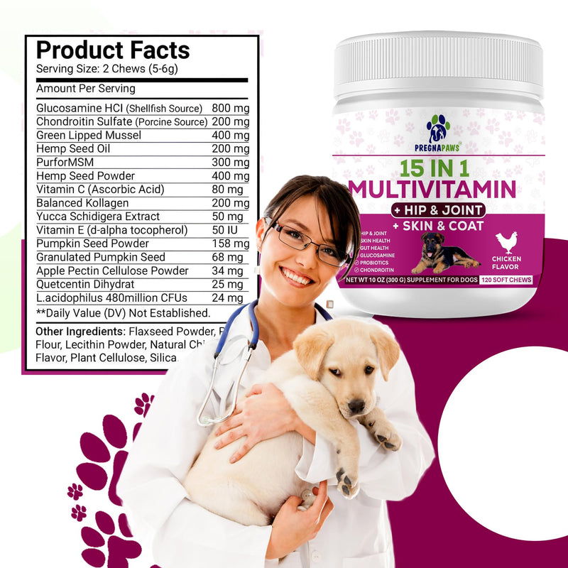 15-in-1 Postnatal Vitamins for Dogs - Enhances Recovery, Supports Joint Health, Skin & Coat Care - Probiotics & Multivitamins for Nursing Dogs - 120 Chewable Chicken Flavor Tablets