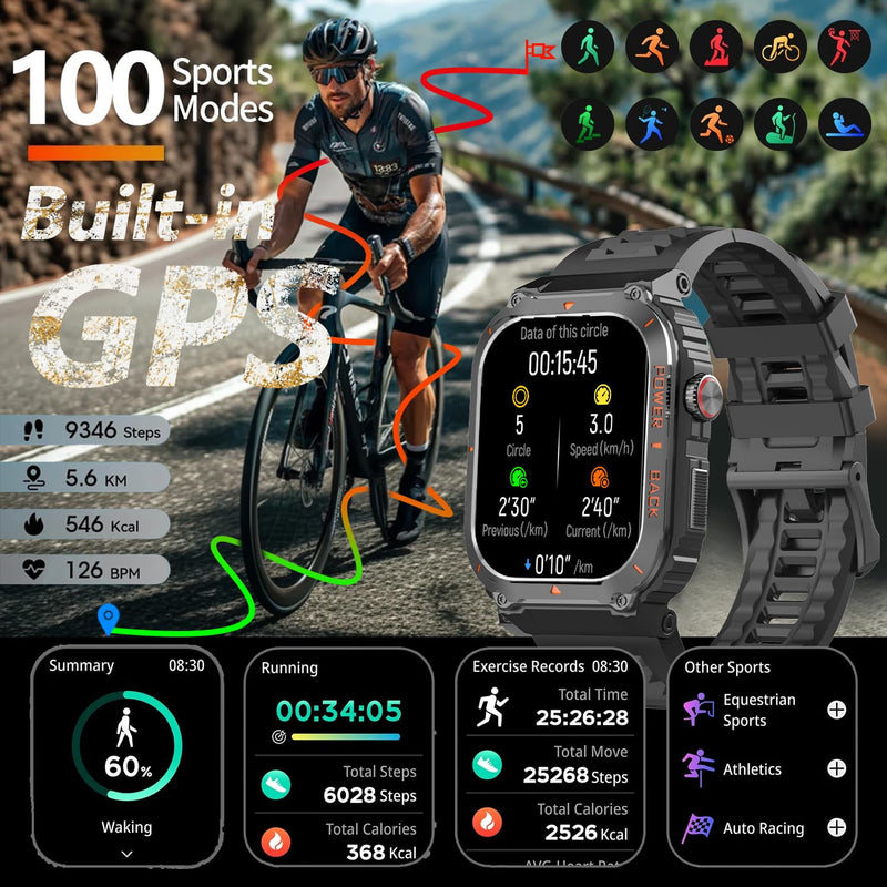 Military GPS Smart Watch for Men Pressure/Altitude/Compass,Fitness Smart Watch for Android Phones and iPhone,Outdoor Waterproof Fitness Tracker with Blood Oxygen/Heart Rate/Sleep/100+ Sport Modes Black - BeesActive Australia