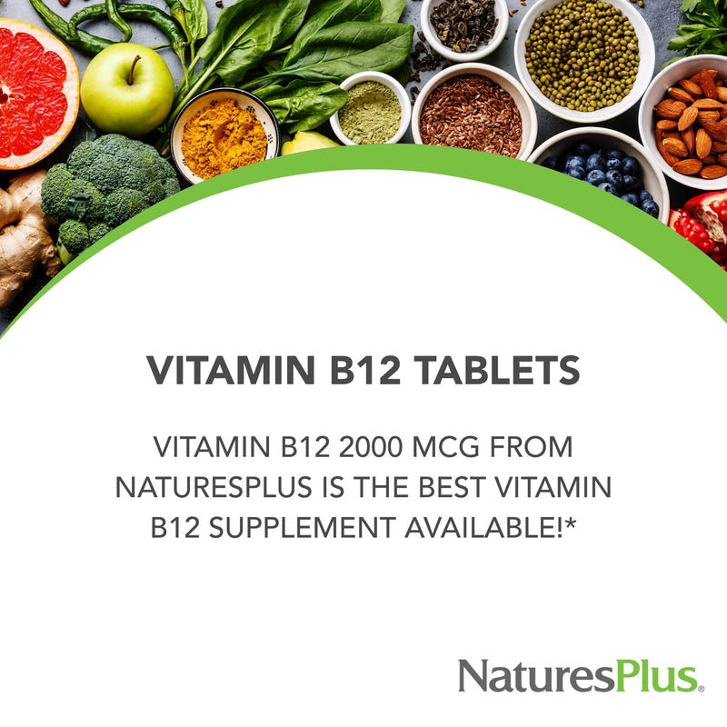 NaturesPlus Vitamin B12 2000 mcg - 60 Sustained Release Tablets - Energy & Immune Health Support - Gluten Free, Vegetarian - 60 Servings