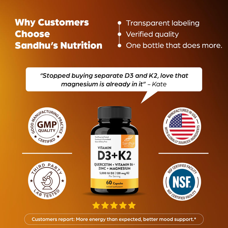 Vitamin D3 K2 5000 IU 120mcg Magnesium Zinc B6 Quercetin Capsules 60 Count | 6-in-1 D3+K2 Supplements Supports Bone, Immune, Energy And Muscle Health, Gluten-Free, 2-Month Supply, USA Made by Sandhu's 60 Count (Pack of 1) 5000 IU Capsules