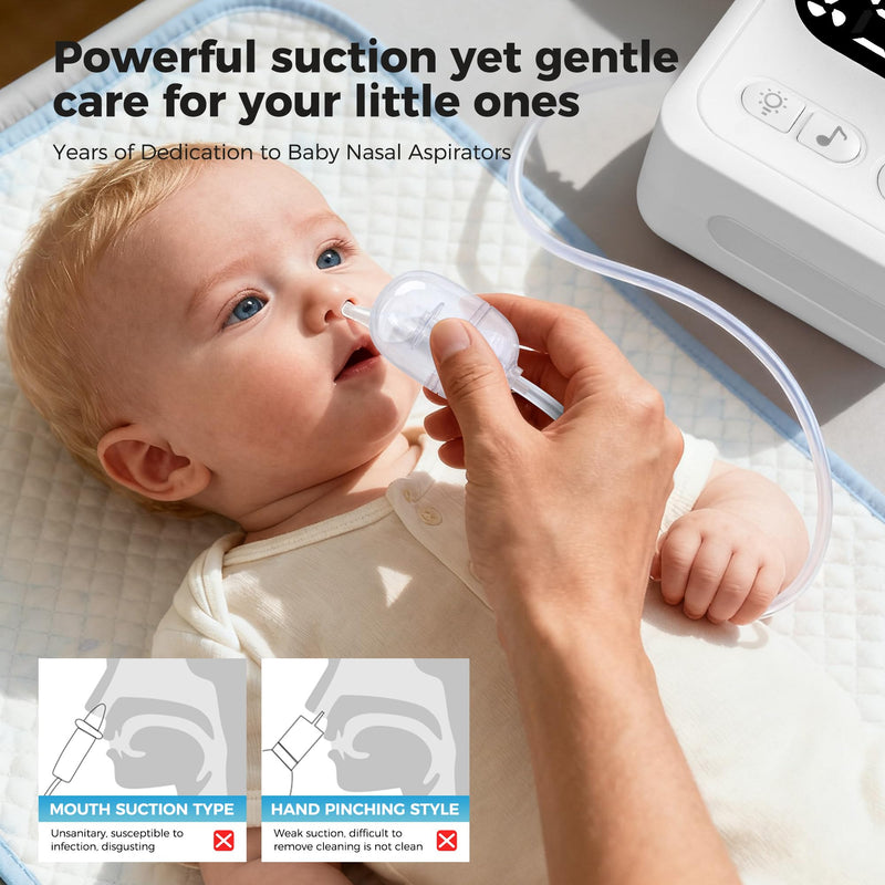 Nasal Aspirator for Baby, Baby Nose Sucker with 9 Suction Levels, Electric Nose Suction for Baby with Night Light, Can Play Lullabies, Equipped with 3 Food-Grade Silicone Nozzles and Tweezers (White) White