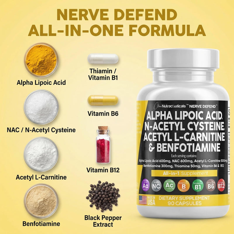 Alpha Lipoic Acid 600mg N-Acetyl Cysteine 600mg Acetyl L-Carnitine 500mg Benfotiamine 300mg - Nerve Support Supplement for Women and Men with Vitamin B1 B6 & B12 - Made in USA 90 Caps 90 Count (Pack of 1)