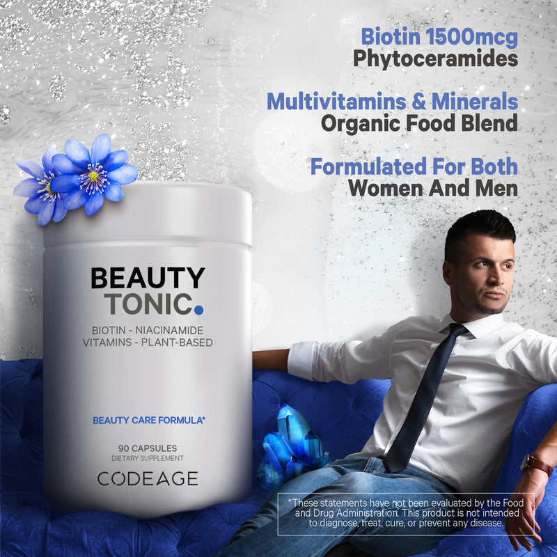 Codeage Biotin Supplement with Vitamin C, Vitamin E, Vitamin B6, Niacin, Folate, Organic Food Blend, Phytoceramides, Astaxanthin, Selenium - Beauty Tonic - Hair, Skin, and Nail Support - Vegan, 90 Ct