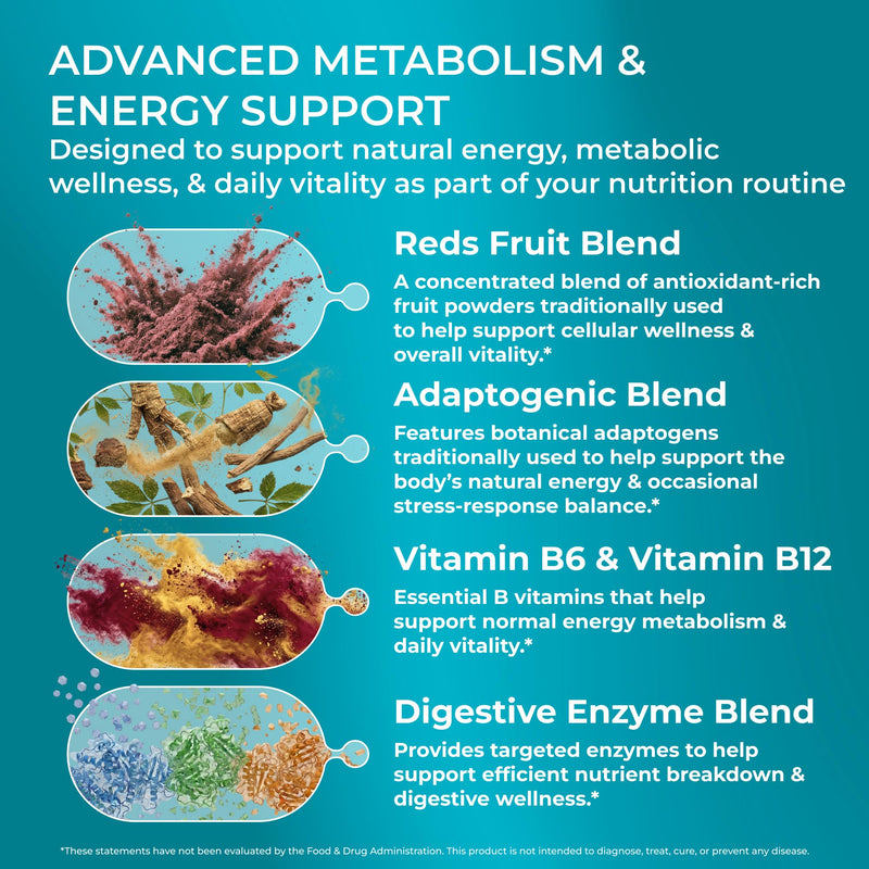 PUREHEALTH RESEARCH Metabolic Reds - Organic Superfood Powder Supplement | Fruit, Veggie, Adaptogenic, Probiotic Blends & More - For Metabolism & Energy Support - 4.13 Oz. - 30 Servings