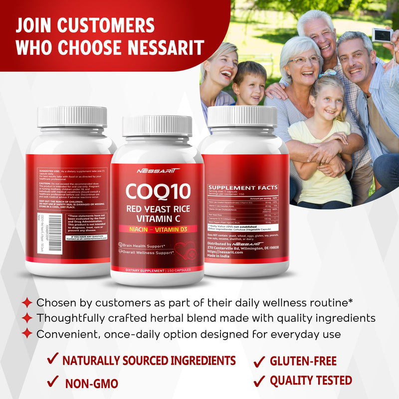 COQ10 + Red Yeast Rice Supplement - 10-in-1 Natural Blend with Omega 3 Vitamin B3, K2, D3, Zinc Milk Thistle Black Pepper - 150 Count 150 count (pack of 1)