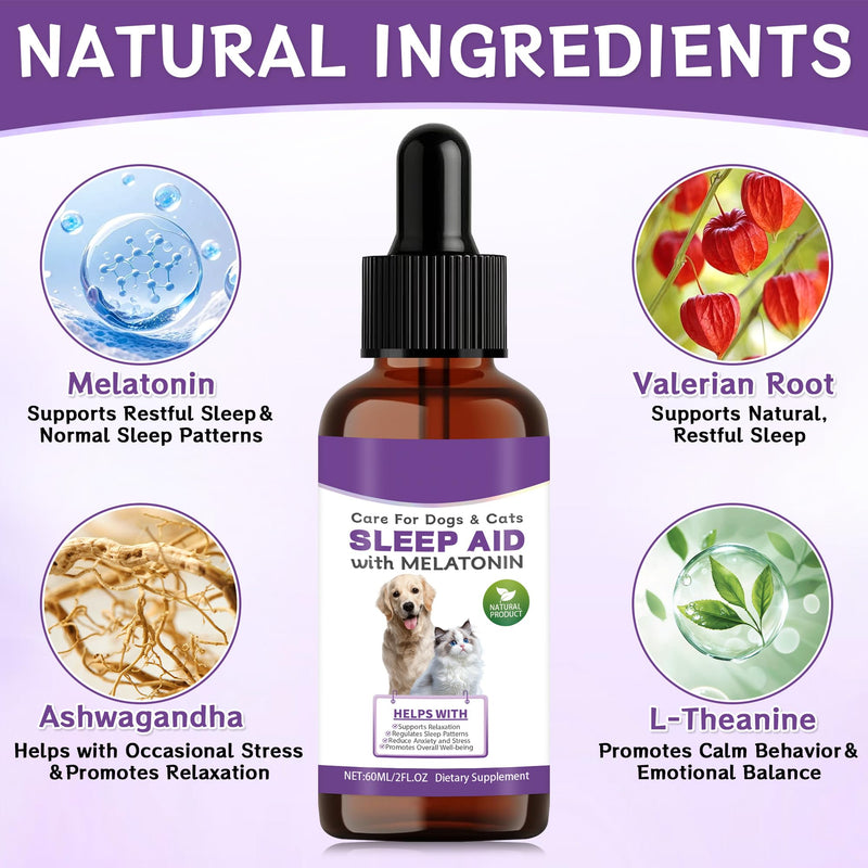 Cats＆Dogs Melatonin Calming Drops, Dog Anxiety Relief from Fireworks, Separation＆Travel Stress, Helps Cats Good Behaviour and Sleep with Natural Ingredients (60ml)