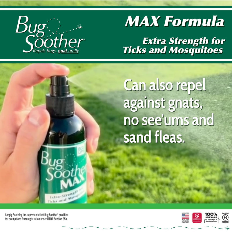 Bug Soother Max - Extra Strength Natural Gnat, Tick, and Mosquito Repellent, 4 fl oz Bug Spray Deterrent - DEET-Free - Safe for Adults & The Environment - Made in USA 4 Fl Oz (Pack of 1)