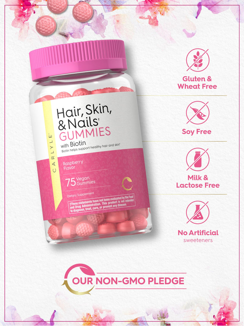 Carlyle Hair Skin and Nails with Biotin 2500mcg | 75 Gummies | Beauty Formula with Vitamin C & E | Raspberry Flavor | Non-GMO, Gluten Free Supplement