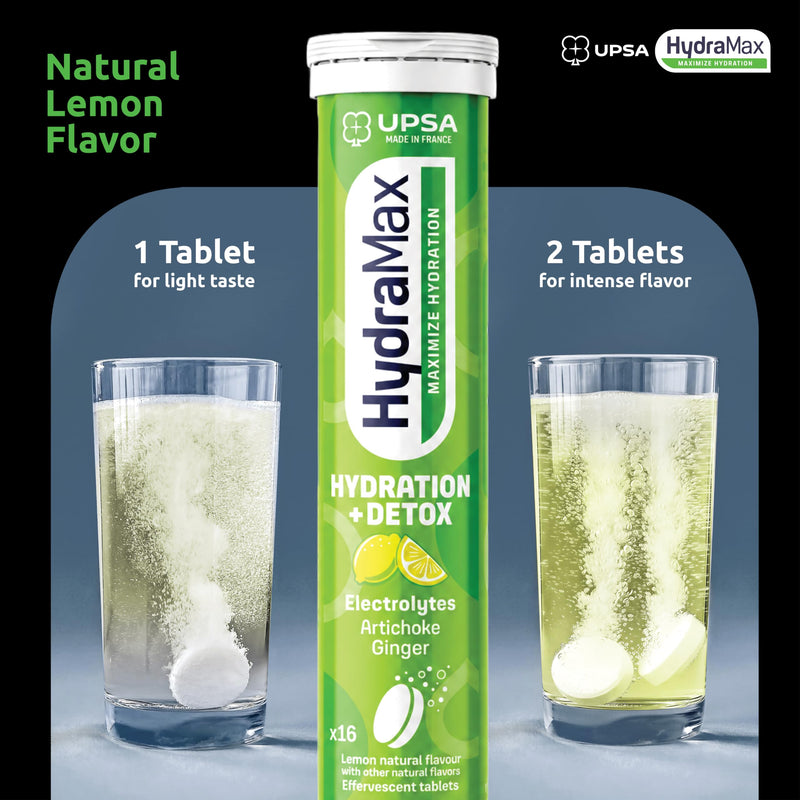 UPSA HydraMax Hydration + Detox Electrolytes Tablet – Effervescent Hydrating with 4 Essential Electrolytes, Vitamin C, Artichoke & Ginger Extracts, Detox Hydration Mix Support, 16 Count Detox Lemon (Pack of 1)