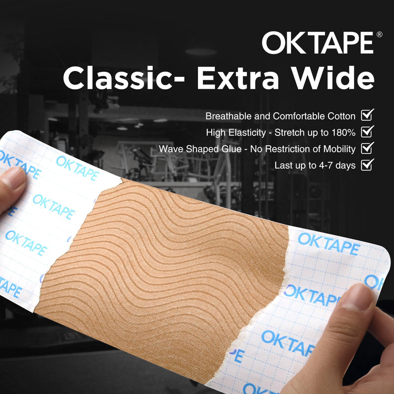 OK TAPE Extra Wide Kinesiology Tape, Precut K Tape Strips, Elastic Physical Therapy Athletic Tape for Pain Relief & Joint Support | Back, Shoulder, Knee (4" x 10" - 10Pcs) Beige 1 Roll