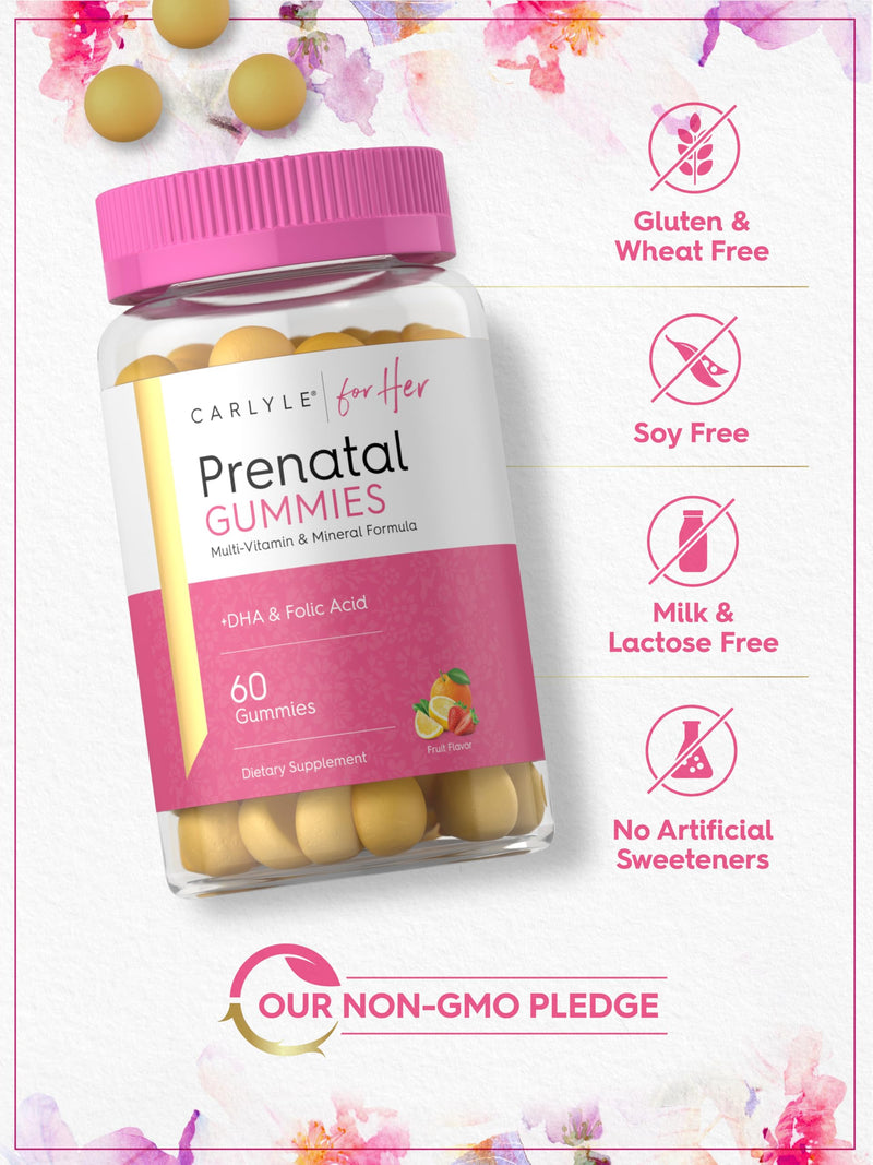 Carlyle Prenatal Gummy with DHA & Folic Acid | 60 Gummies | Women's Multivitamin and Mineral Supplement | Fruit Flavor | Non-GMO, Gluten Free | For Her