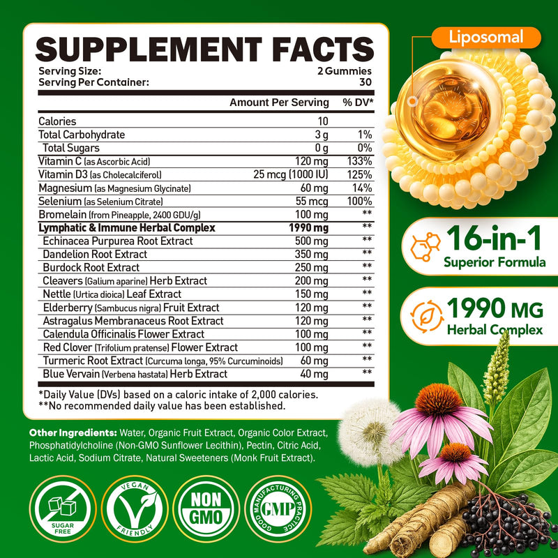Liposomal Lymphatic Drainage Gummies, 16-in-1 Lymphatic Drainage Supplement | With Echinacea, Dandelion, Burdock Root, Vitamin C&D3, Sugar-Free Lymph & Immune Support, Pineapple, Vegan, 60 Ct