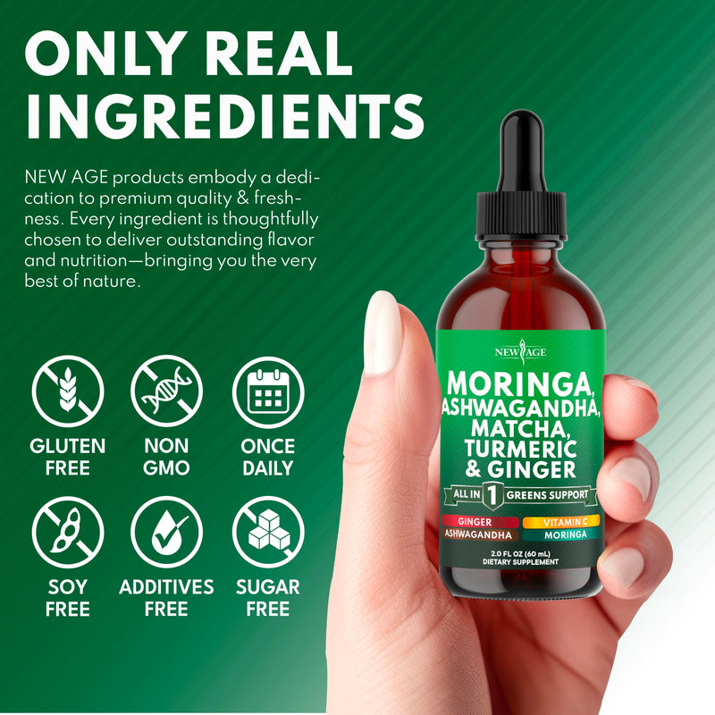 Moringa Supplement Drops - Ashwagandha, Spirulina, Chlorella, Turmeric & Ginger Liquid Barley Grass with Chlorophyll, Matcha, Algae, Vitamin C Antioxidant, Holy Basil, Ceylon Cinnamon - 8fl Oz 2 Fl Oz (Pack of 4)