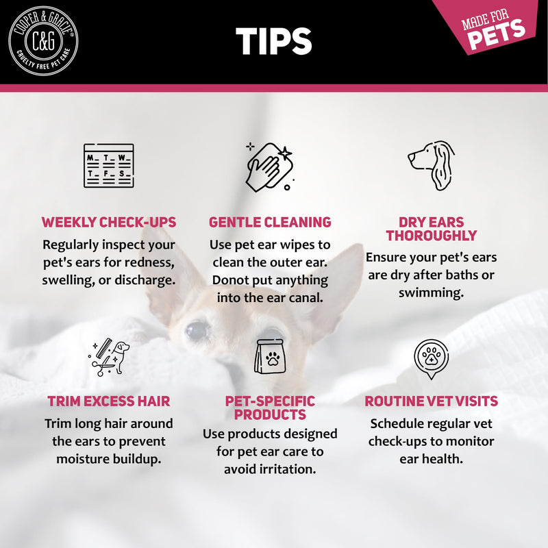 Dog Wipes | Dog Ear Wipes for Dogs & Cats by Cooper and Gracie | 100 Biodegradable Soothing Ear Cleaning Wipes for Pets | Soft, Quick, and Easy Wipes to Remove Wax and Relieve Itchy Ears