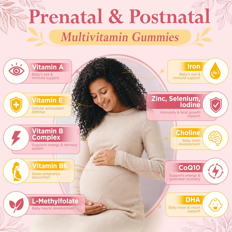 Prenatal Vitamins for Women, Choline Prenatal Gummies with Iron, Omega 3 | Women’s Multivitamin, L-Methylfolate, CoQ10, Prepare / Pregnancy / Postnatal for Mom & Baby, Sugar Free 60 Gummies
