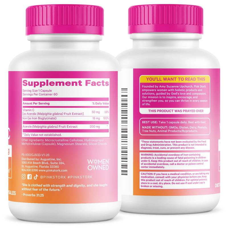 Pink Stork Iron for Women with Vitamin C, 60 Capsules, 2-Month Supply | 18 mg Chelated Iron Bisglycinate + Vitamin C, Supports Energy, Focus + Oxygen, Pregnancy, Postpartum, PMS + Perimenopause 60 Count (Pack of 1)