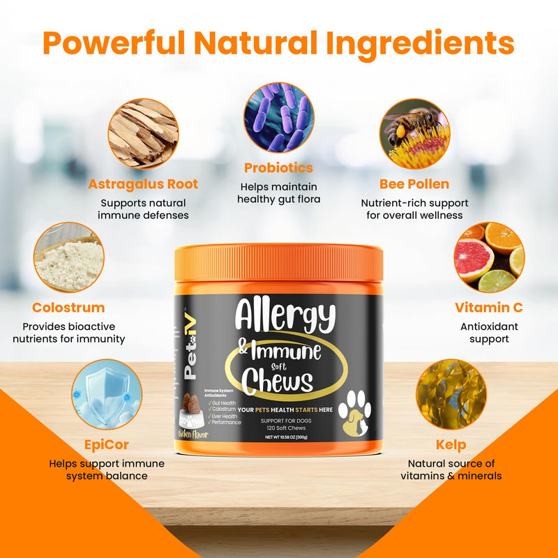 Dog Allergy and Probiotic Chews - 120 Allergy Chews for Dogs - Anti Itch Support for Pets Itchy Skin Relief Skin Health Support with Colostrum, Vitamin C, Omega by Pet IV
