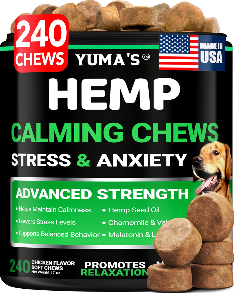 Hemp Calming Chews for Dogs - 240 Treats - Advanced Dog Calming Chews - Anxiety Relief Supplement Treats with Melatonin - Sleep Aid for Separation, Barking, Stress, Hip and Joint Support Made in USA 240 Chews
