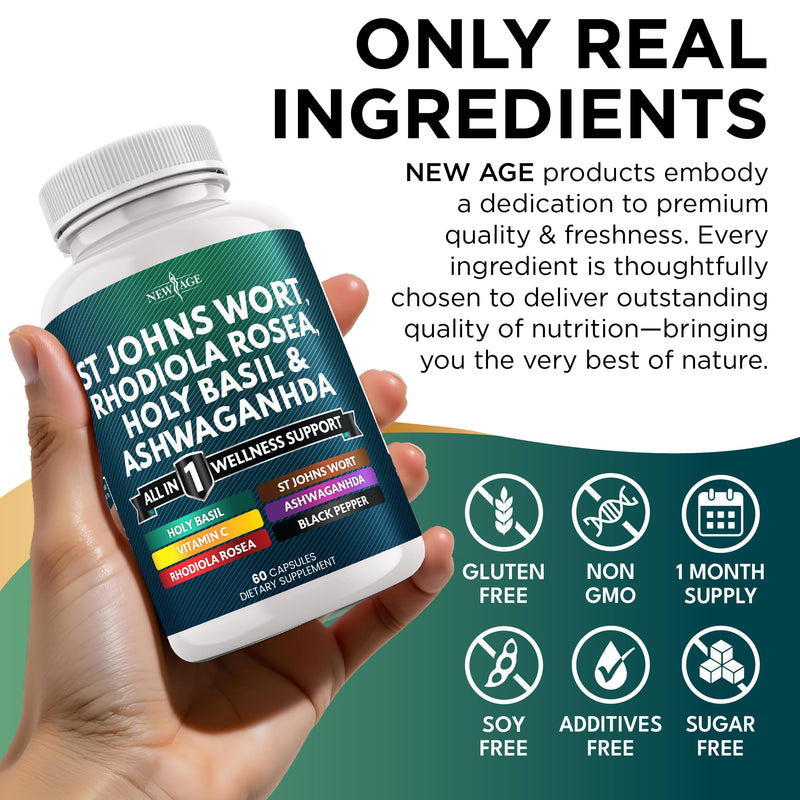 NEW AGE St Johns Wort, Rhodiola Rosea, Holy Basil, Ashwagandha - Support for Women and Men with Vitamin C & Black Pepper Extract - 180 Count 60 Count (Pack of 3)
