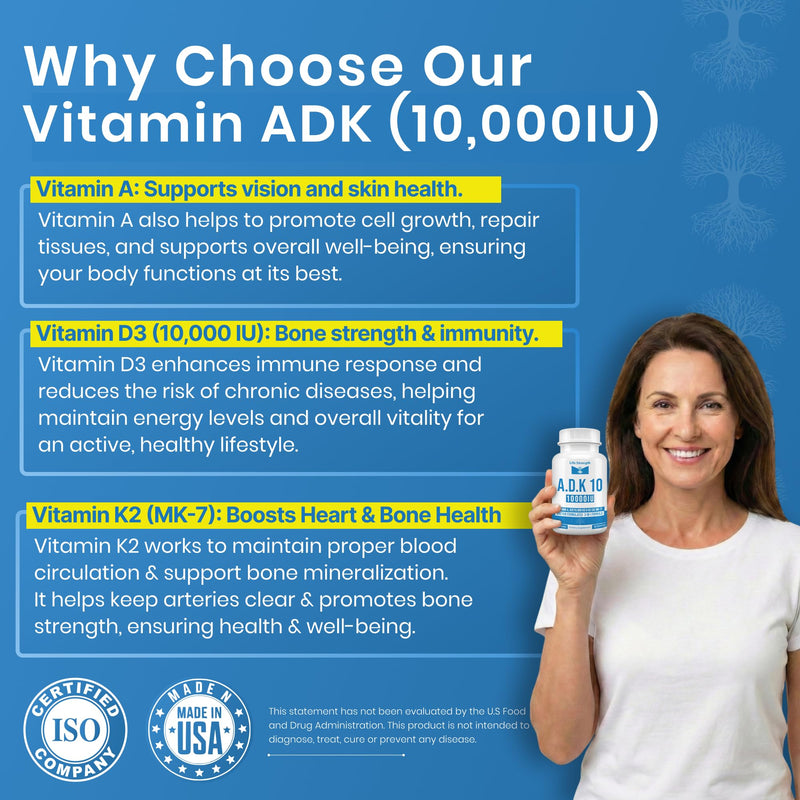 ADK 10 Supplement (180 Count) - Physician Formulated Vitamins A1, D3 & K2 (as MK7) for Bone Health - Immune System Support - Gluten Free, Soy Free, Non-GMO - 90 Capsules 2 PK 180CT