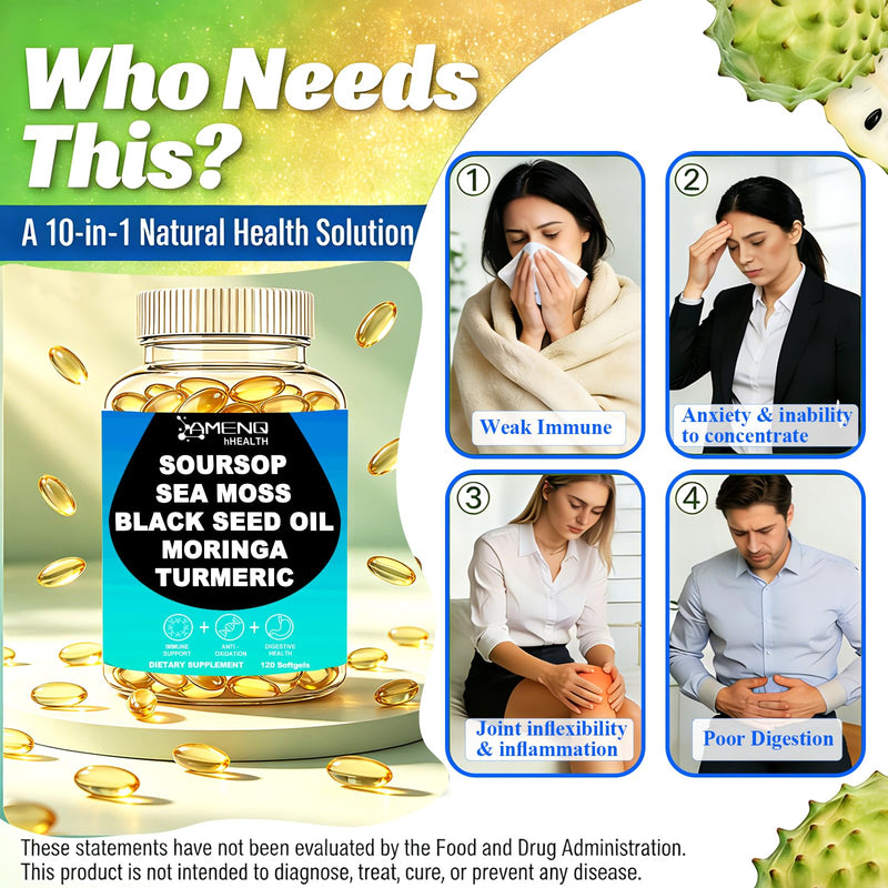 Soursop Supplement Softgels with Soursop Leaf, Fruit & Black Seed, 10-in-1 | Extra Strength Sour Sop Herbal Formula w. Irish Sea Moss & Moringa for Immune & Antioxidant Support, Vegan, Non-GMO, 120Count