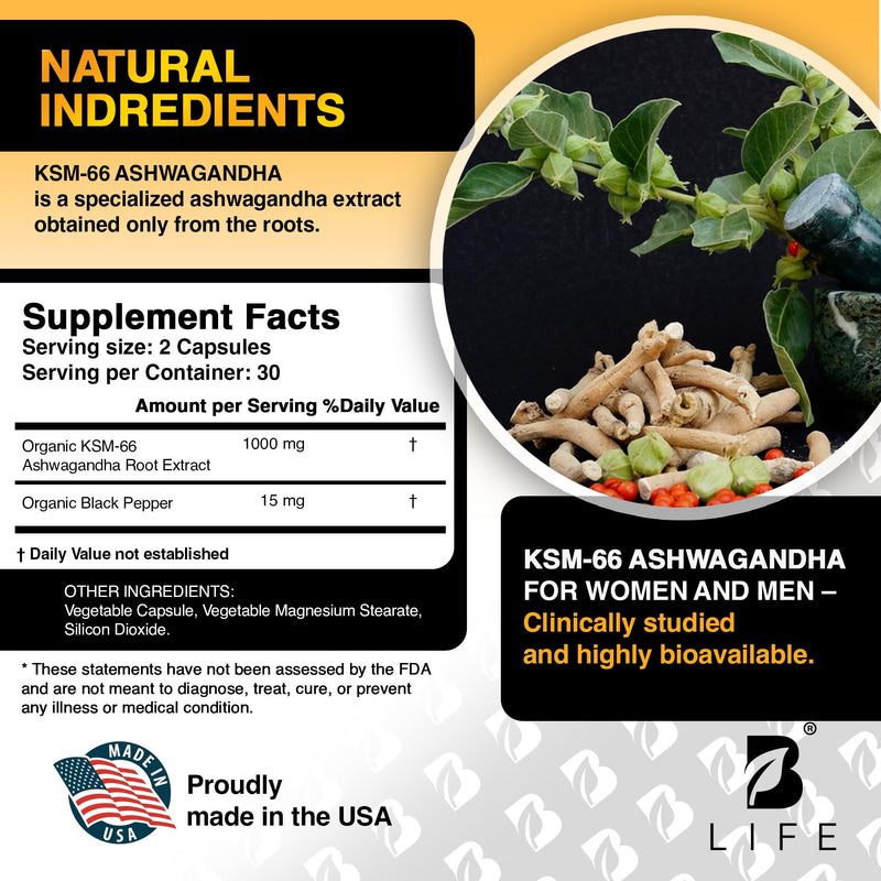 Organic Ashwagandha KSM-66 1000 mg Supplement | Adaptogen for Cortisol Support & Stress Relief | Mood, Calm & Sleep Aid for Men & Women | Ashwagandha ritual vitamins for women | 60 Vegan Caps 60 Count (Pack of 1)