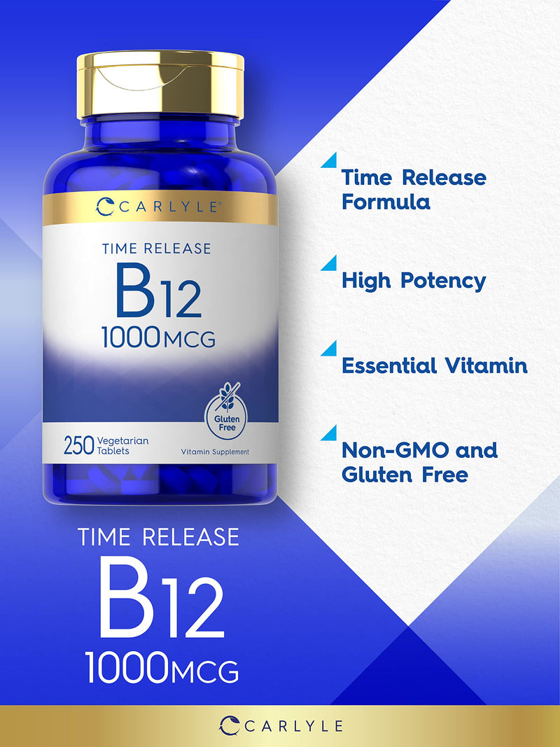 Carlyle B12 Vitamin 1000 mcg | 250 Count | Time Release Tablets | As Cyanocobalamin | Vegetarian, Non-GMO & Gluten Free Supplement 250 Count (Pack of 1)