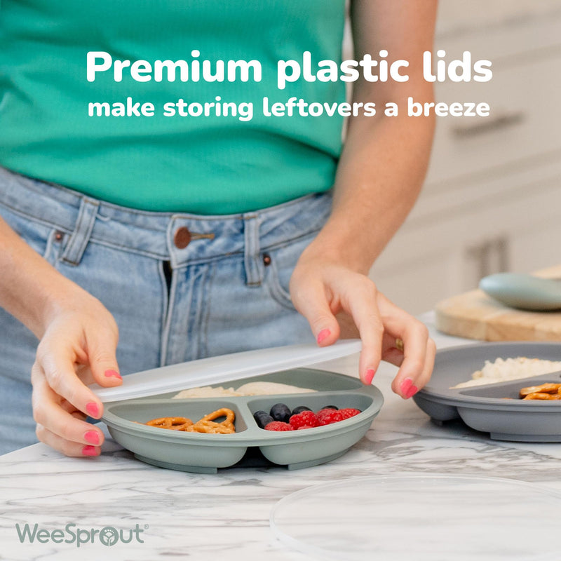 WeeSprout Suction Plates with Lids for Babies & Toddlers - 100% Silicone, Dinnerware Stays Put, Divided Design for Picky Eaters, Microwave & Dishwasher Friendly, 3 Pack Matte Dark Grey, Blue & Green - BeesActive Australia