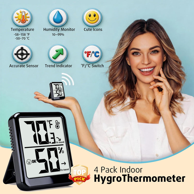 4-Pack Room Thermometer Indoor Hygrometer, Small Digital Temperature and Humidity Monitor Sensor, Temperature Humidity Gauge Meter for Home Baby Room, Plants, Pets - AAA Battery Included Black - Upgraded Version - BeesActive Australia