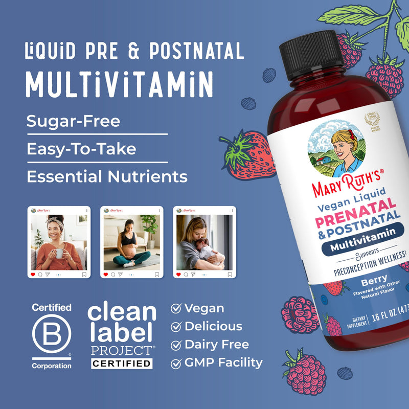 MARYRUTH'S Postnatal & Prenatal Liquid Multivitamin for Women, 16 oz, Vegan | Selenium, Folate, Healthy Fetal Development, Vegan, Non-GMO 16 Fl Oz (Pack of 1)