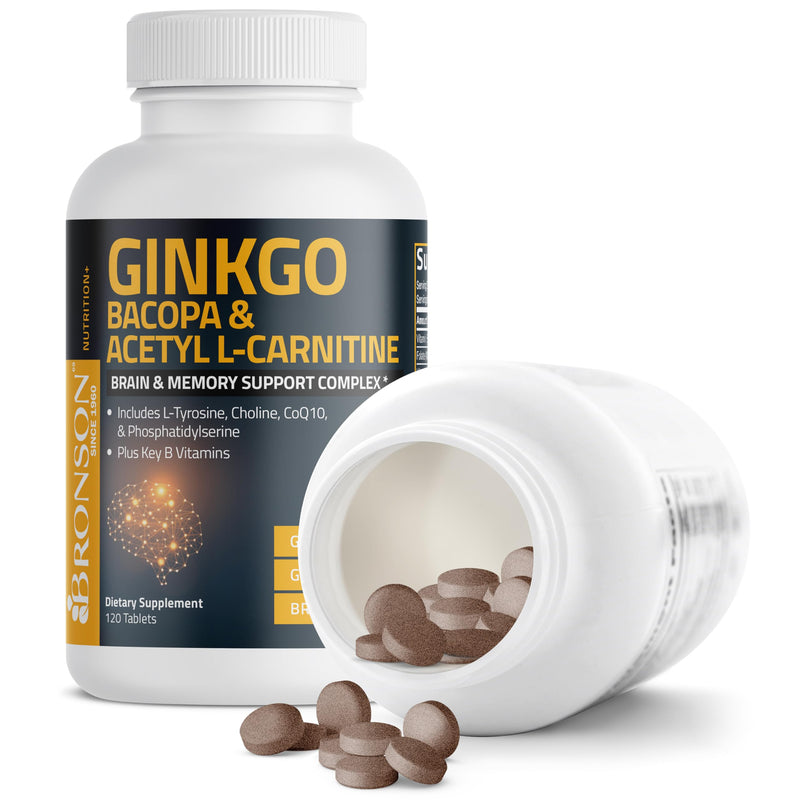 Bronson Ginkgo, Bacopa & Acetyl L-Carnitine Brain & Memory Support Complex with L-Tyrosine, Choline, CoQ10 & Phosphatidylserine Plus Key B Vitamins Non-GMO, 120 Tablets 120 Count (Pack of 1)