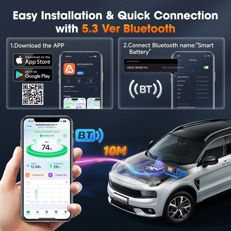 ANCEL BM300 Pro Battery Monitor - 6V/12V/24V Universal with Bluetooth 5.3 & Reinforced Design, Charging & Cranking Tests, Real-Time Alerts for Lead-Acid & Lithium Batteries in RV, Truck, Marine & More Orange