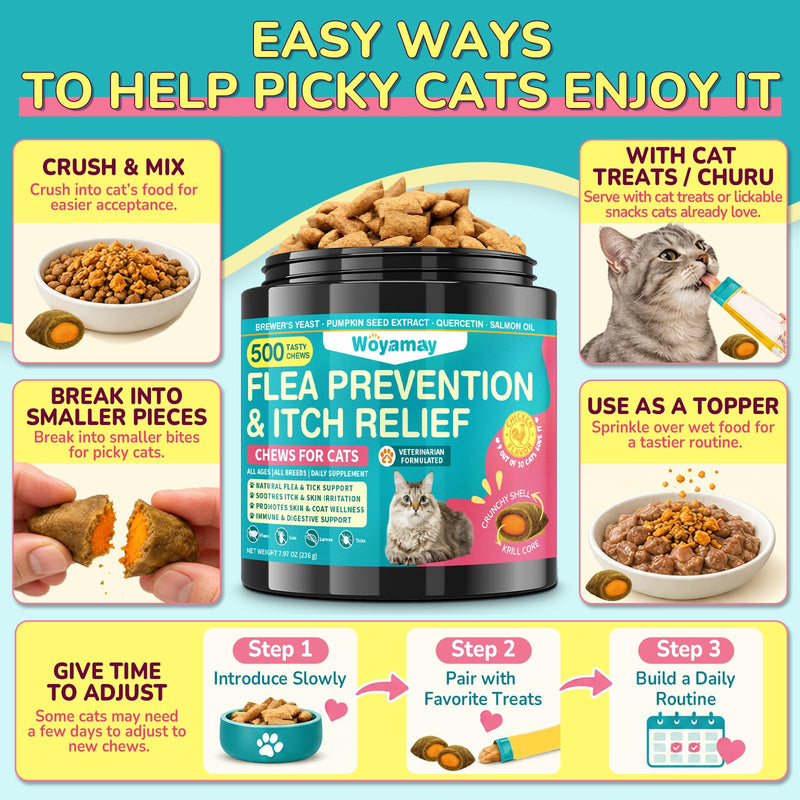 Woyamay Flea Treatment for Cats & Itch Relief Chews, 500 Crunchy Cat Flea Treatment Chews, Cat Itchy Skin Relief, Cat Itching Relief & Skin Care, Flea Prevention for Cats, Chicken Flavor