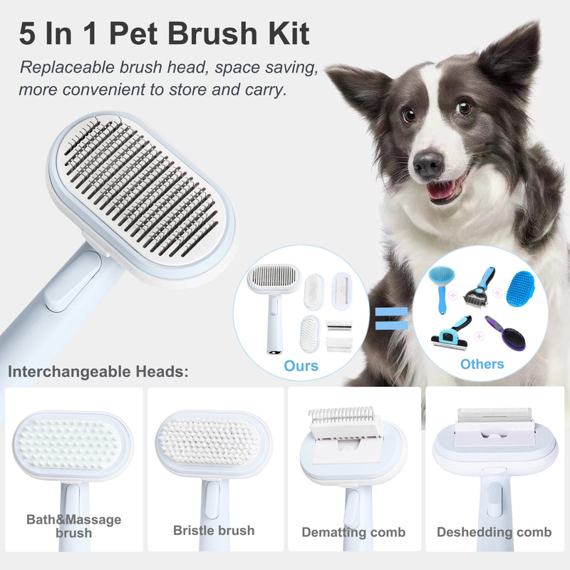 5 IN 1 Pet Grooming Brush Kit,Dog&Cat Self Cleaning Slicker Brush for Shedding.Dematting&Deshedding Dog Brush,Cat Hair Brush,Suitable for Small&Large,Long&Short Haired Pets.(Blue) Blue - BeesActive Australia
