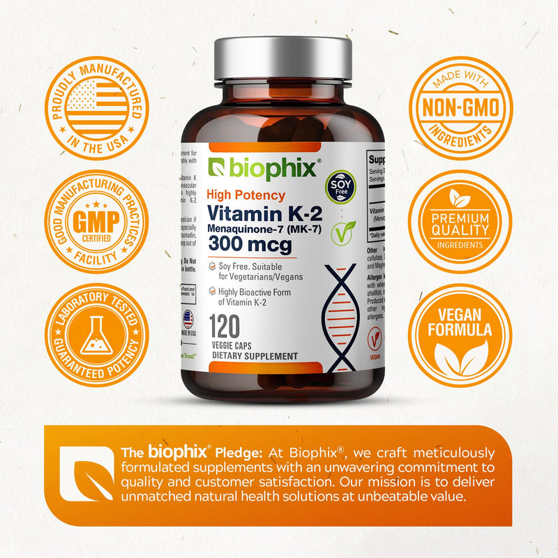 biophix Vitamin K2 MK-7 300mcg, 120 Vegan Capsules – High-Potency Supplement for Bone Strength and Immune Health 120 Count (Pack of 1)