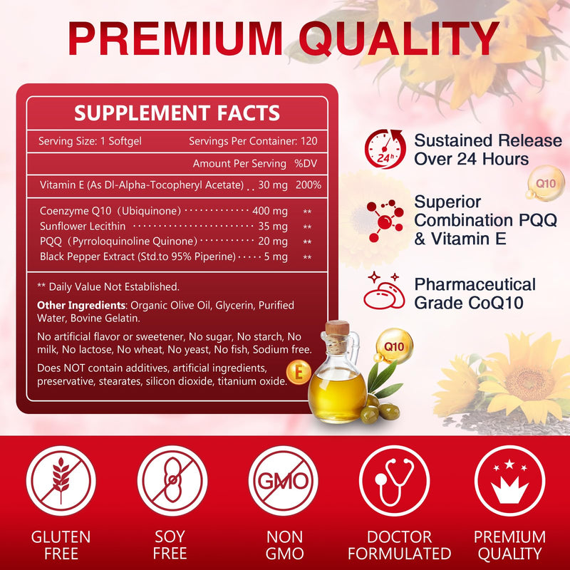 NATURE TARGET CoQ10 400mg Plus PQQ with Vitamin E, 120 Servings | Coenzyme Q10 with Organic Olive Oil and BioPerine, High Absorption Antioxidant for Heart Health and Energy Production 120 Count (Pack of 1)