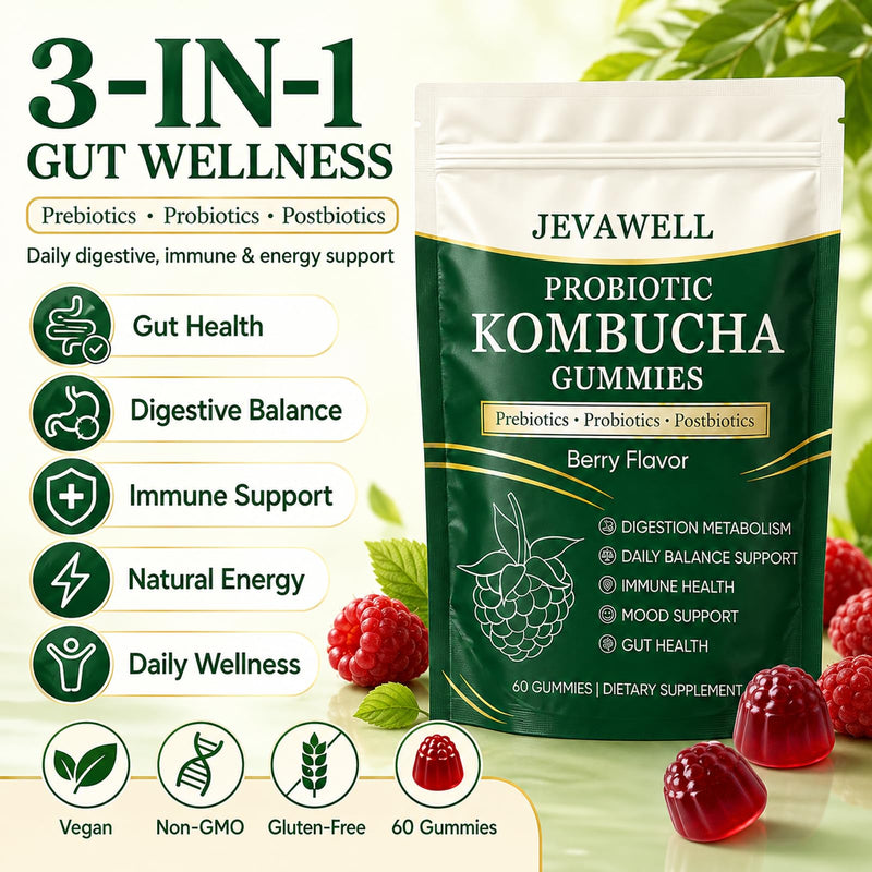 Jevawell Kombucha Gummies, Probiotic Digestive Health Supplement with, Organic Prebiotics for Gut Health, Immune Boost, and Natural Energy – Vegan, Non-GMO, Gluten-Free, 120 Gummies 1 Ounce (Pack of 2)